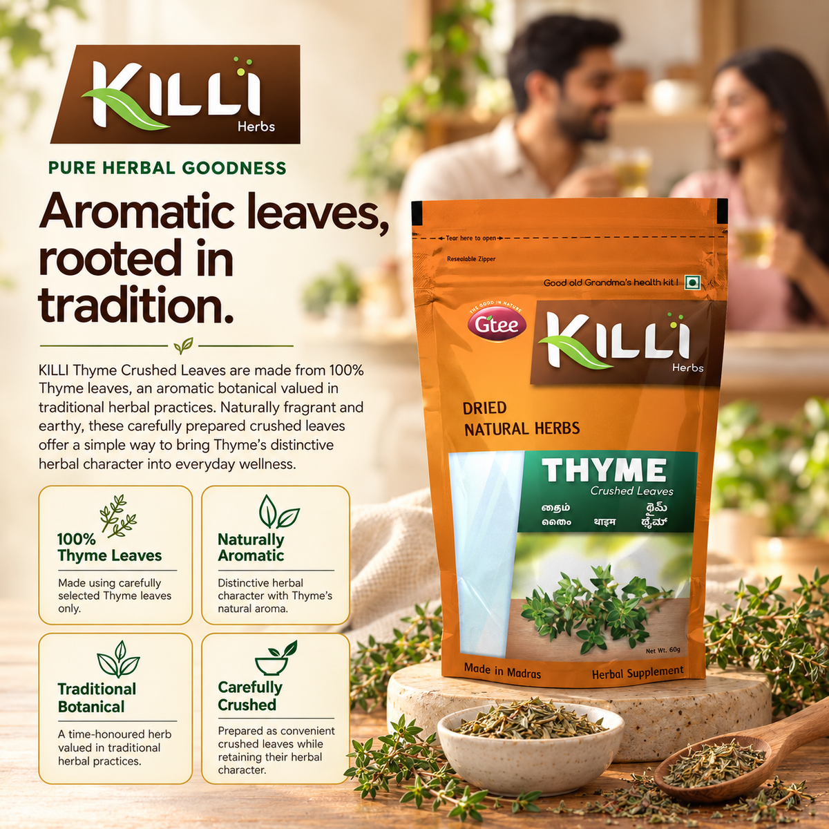 KILLI Thyme Leaves Crushed, 60g | A Fragrant Culinary & Brewing Herb