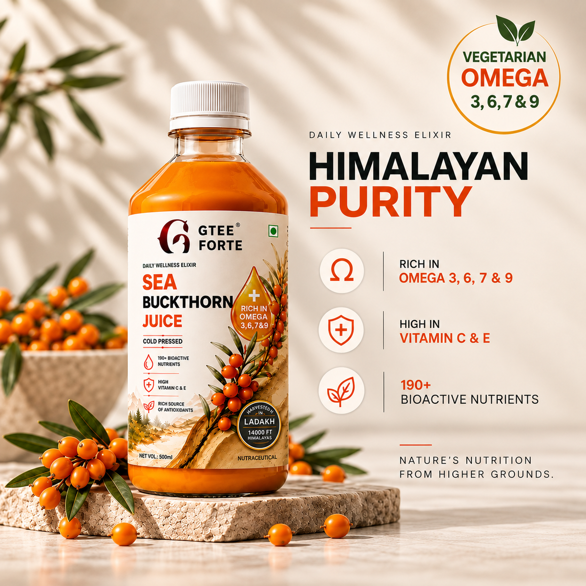 GTEE Forte Sea Buckthorn Juice | Himalayan Wellness Elixir | Nature's Omega Nutrition, in Its Purest Form