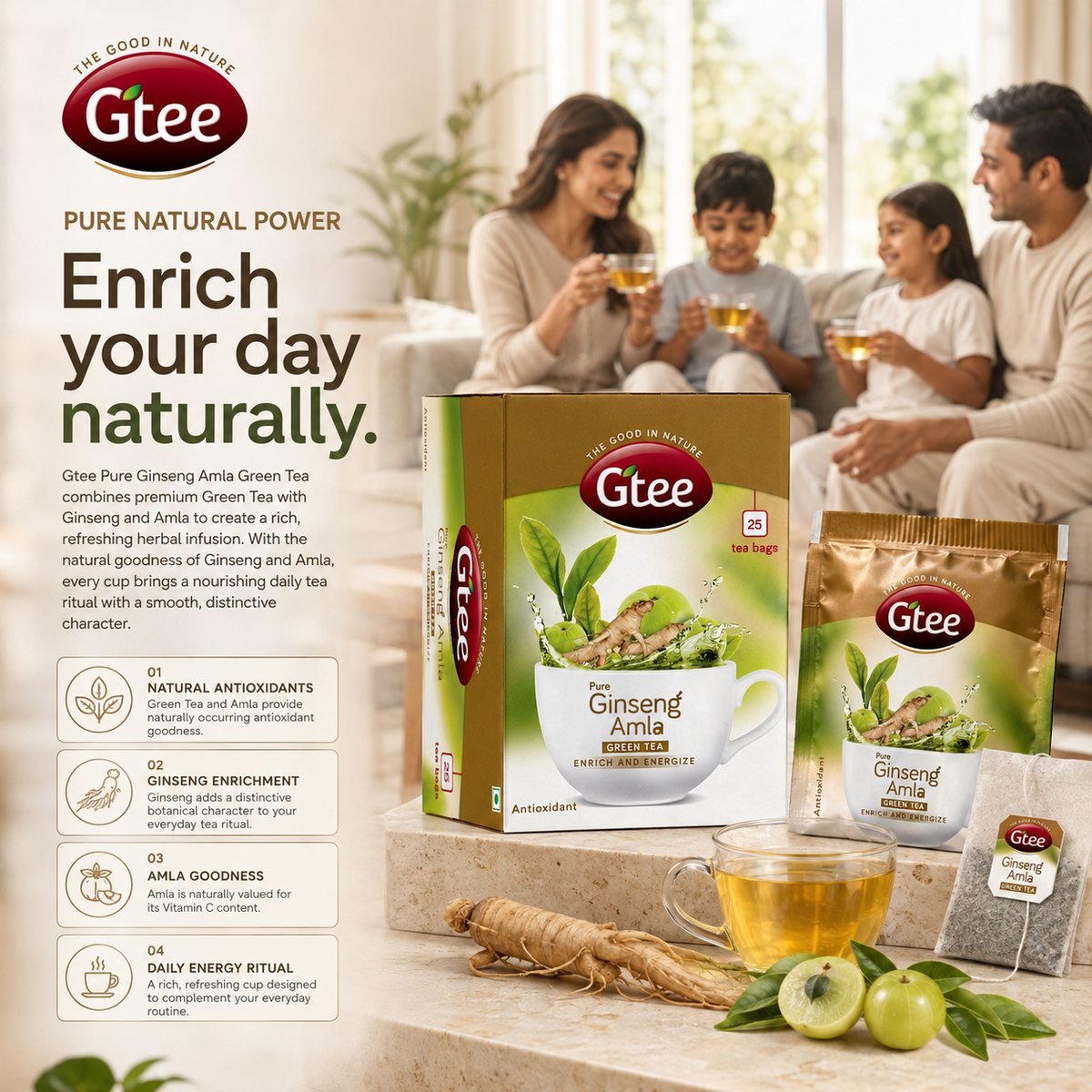 GTEE Ginseng Amla | Green Tea with Ginseng Root & Amla | A Power-Packed Cup for Long Days