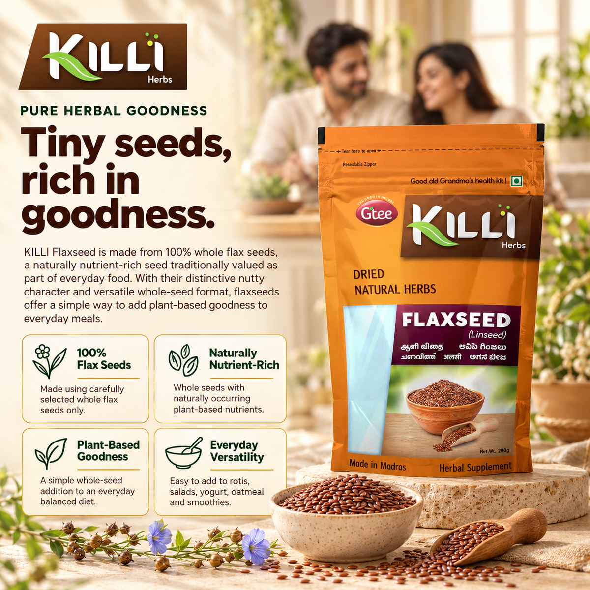 KILLI Flax Seed | Aali | Alsi | Cheruchana | Avisa | Agase, 200g | A Nutrient-Dense Kitchen Staple