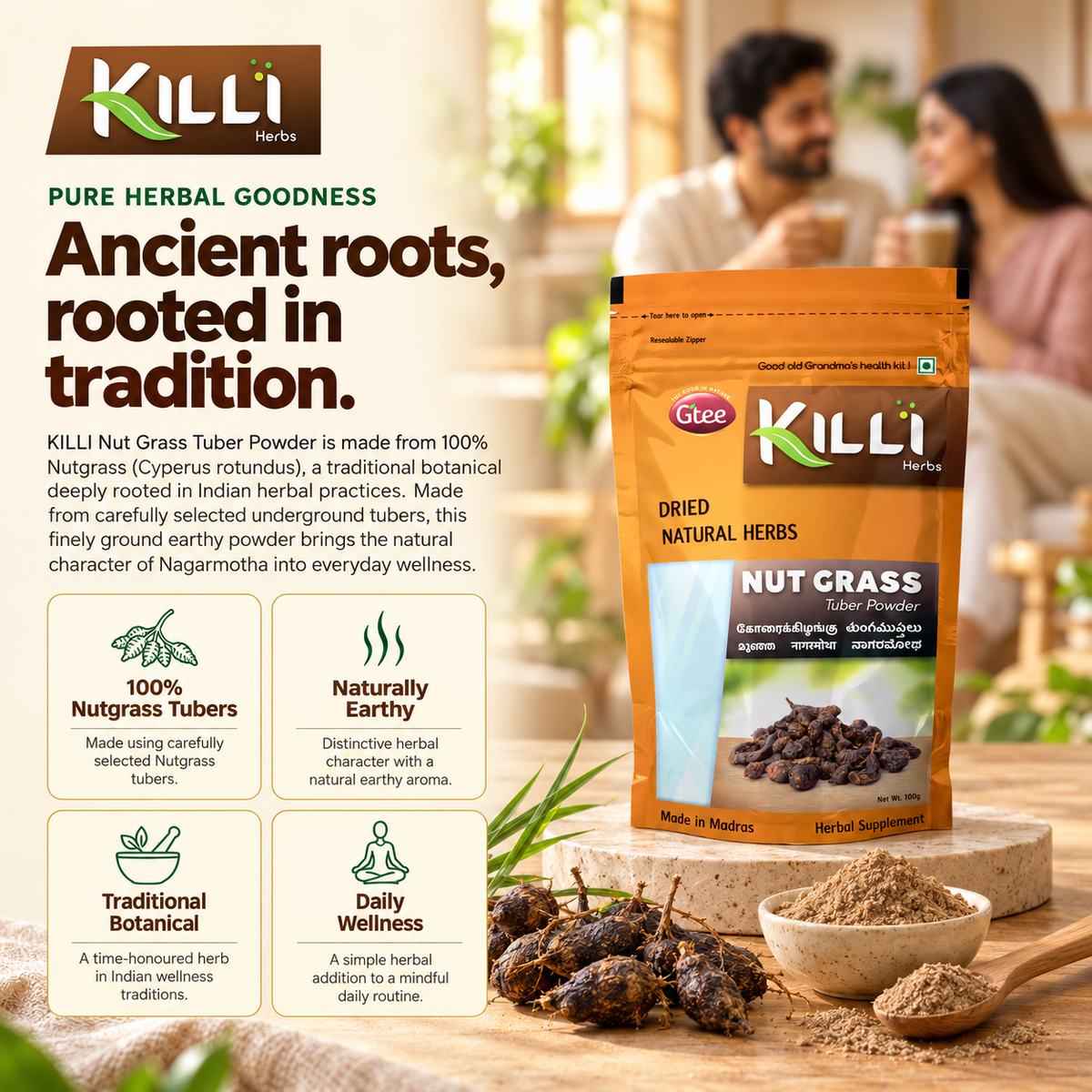 KILLI Nut Grass | Cyperus rotundus | Korai Kizhangu Tuber Powder, 100g | A Traditional Tuber Ritual, Two Ways