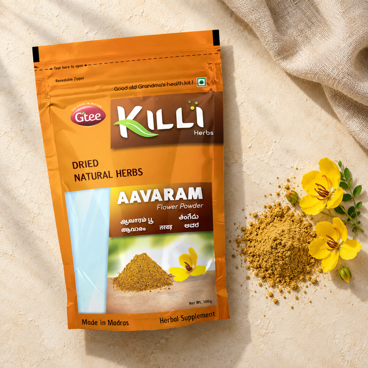 KILLI Aavarampoo | Tarwar | Avaram | Tangedu | Aavarike Flower Powder, 100g | A Traditional Flower Ritual, Two Ways