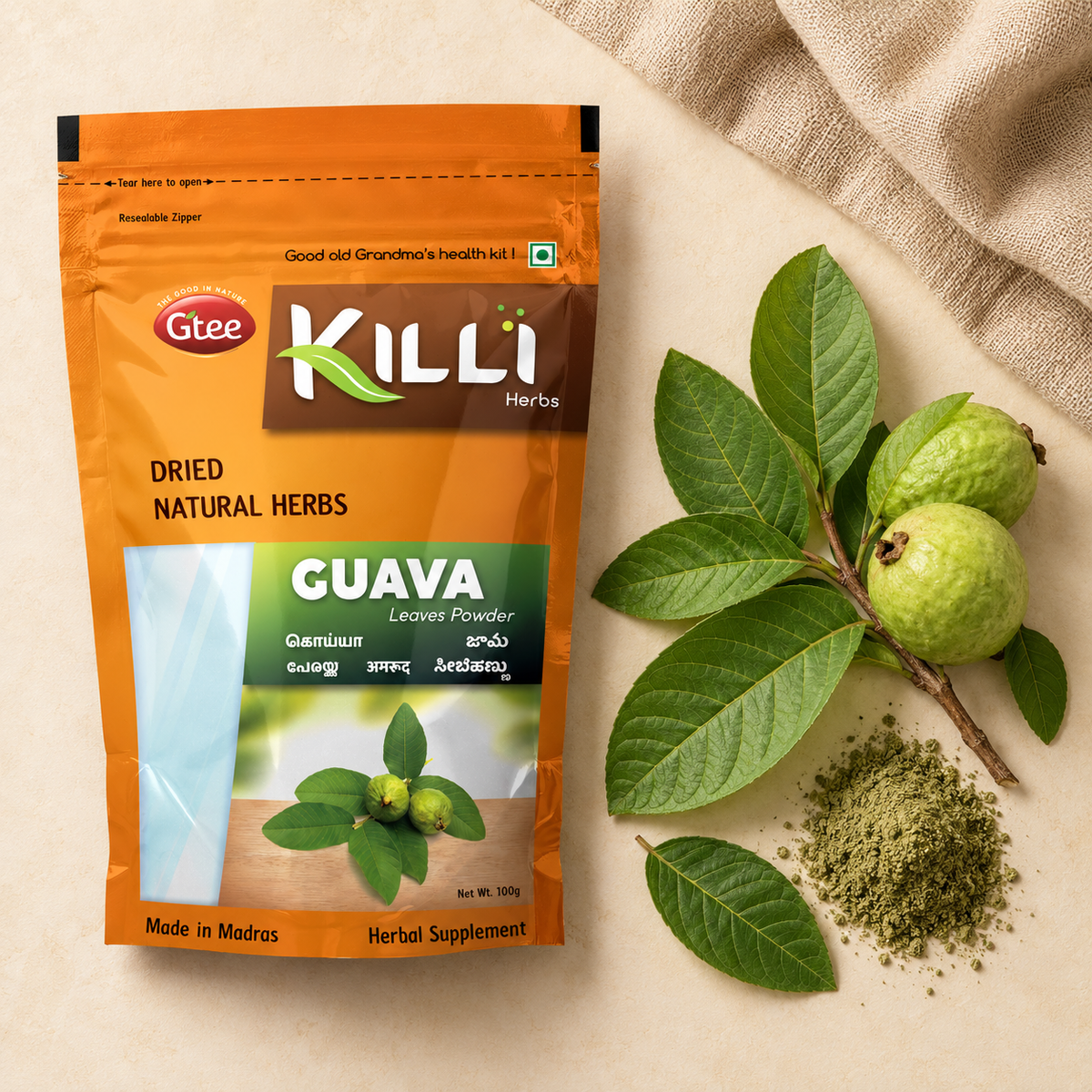 KILLI Guava Leaves Powder, 100g | Pure Guava Leaf Powder | A Traditional Herbal Infusion Ritual