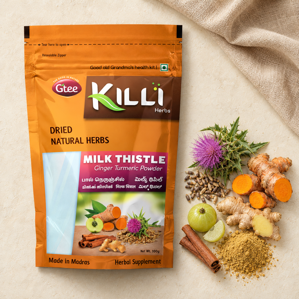 KILLI Milk Thistle Ginger Turmeric Cinnamon Amla Powder, 100g | A Five-Herb Traditional Wellness Blend