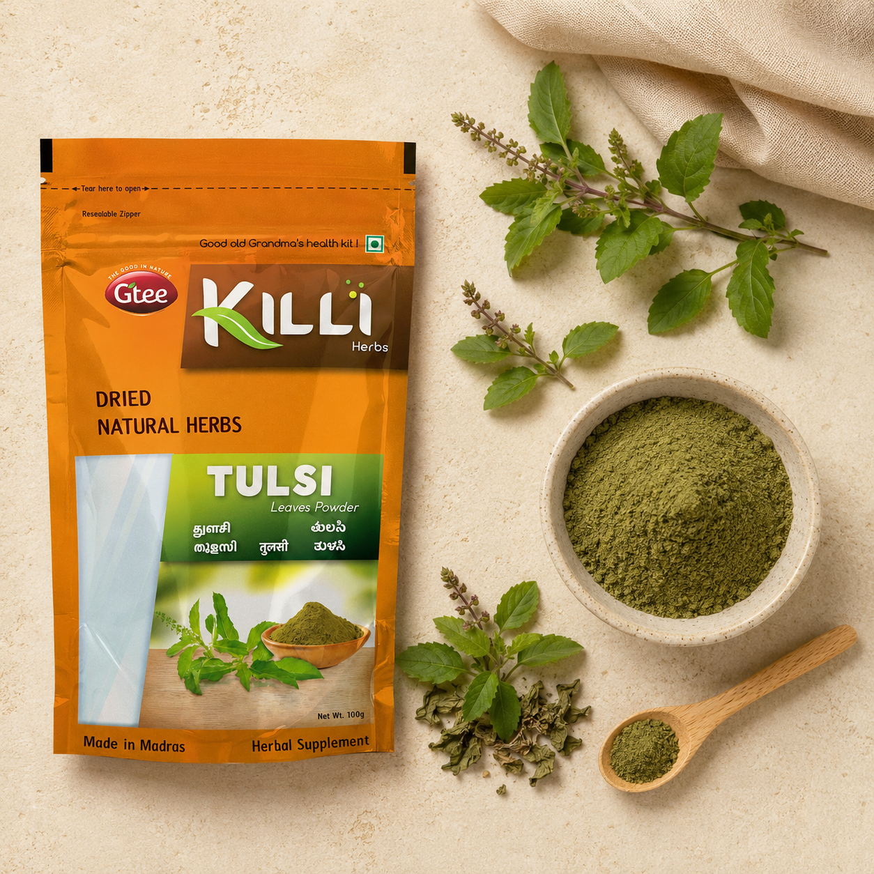 Killi Tulsi Leaves Powder | Thulasi | A Household Remedy for Cold and Cough, 100g