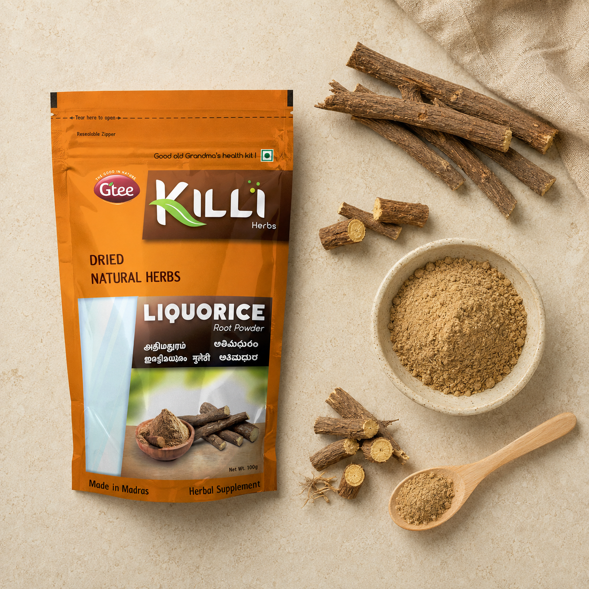 Killi Liquorice | Adhimadhuram | Mulethi Root Powder | A Natural Sweetener with a Legacy, 100g