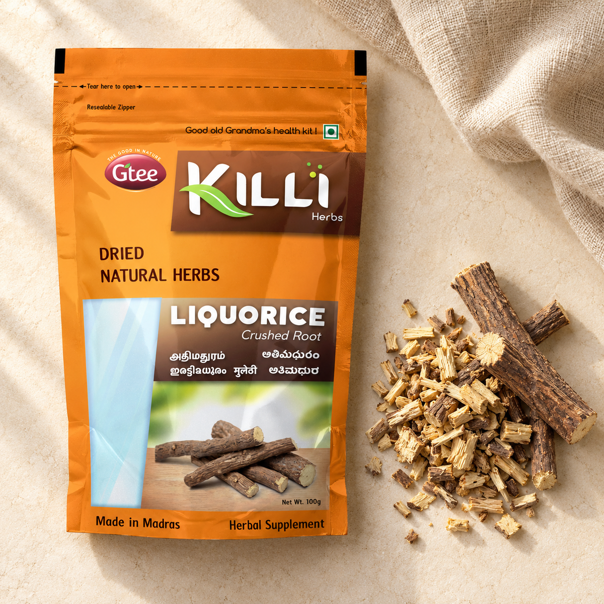 KILLI Liquorice | Mulethi | Adhimadhuram | Irattimadhuram | Atimadhuramu | Jeshtamadhu Root Crushed, 100g | A Traditional Root, Naturally Sweet
