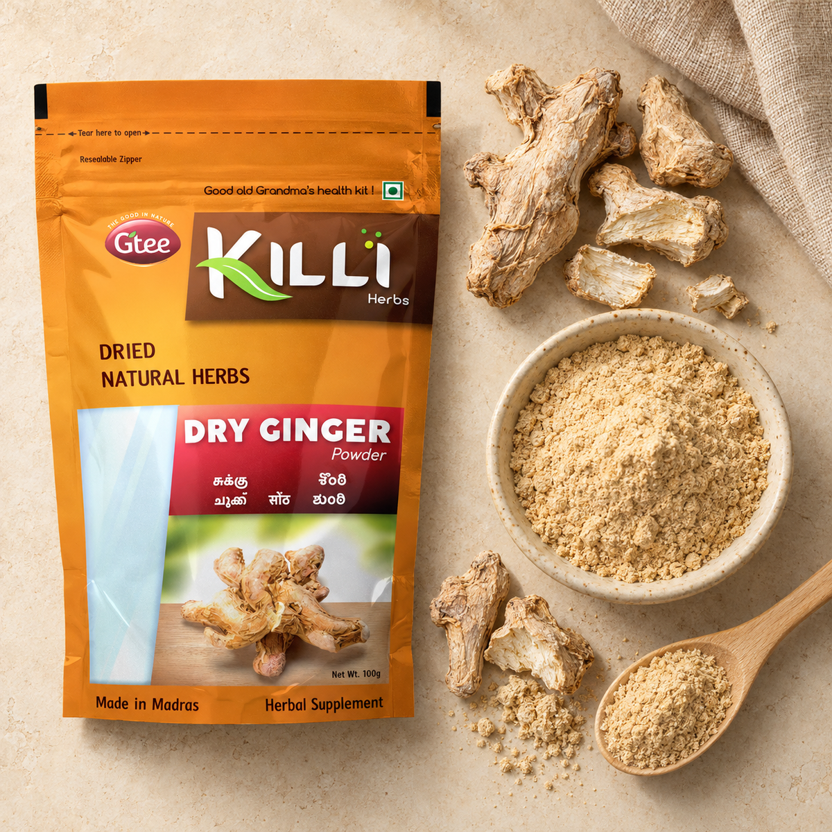 KILLI Dry Ginger | Sukku | Sonth | Chukku | Sonti | Onashunti Powder, 100g | A Warming Kitchen & Wellness Staple