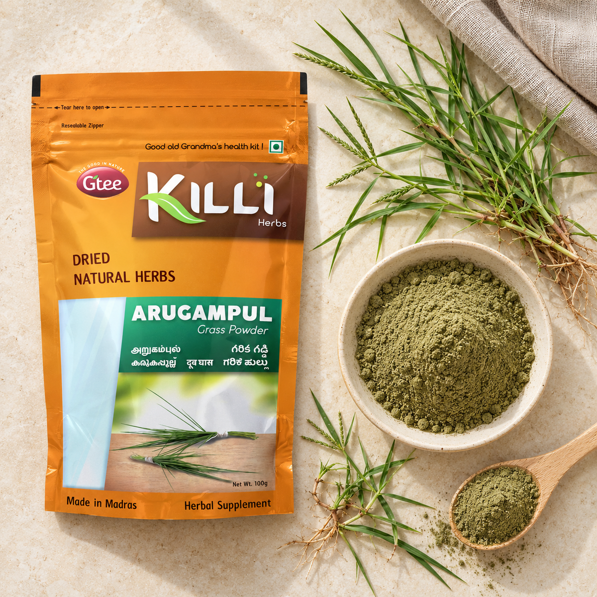 KILLI Bermuda | Arugampul | Doob | Karuka | Garika | Garike Grass Powder, 100g | A Traditional Household Ritual