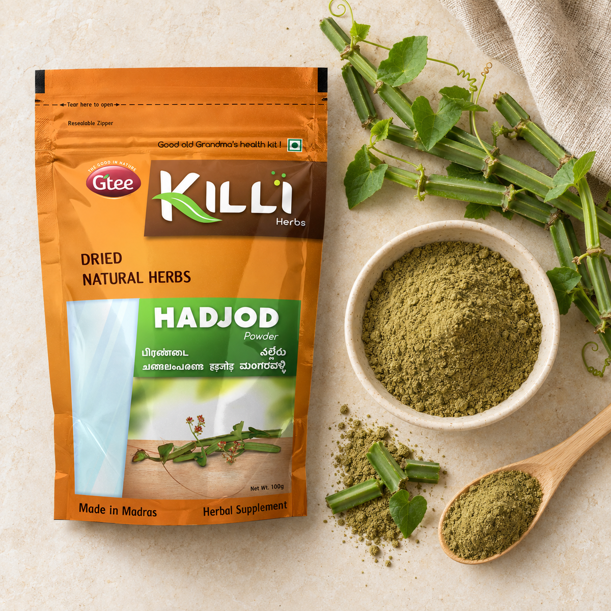KILLI Hadjod | Pirandai | Veld Grape | Changalamparanda | Nalleru | Mangarahalli Powder, 100g | A Traditional Kitchen Ingredient