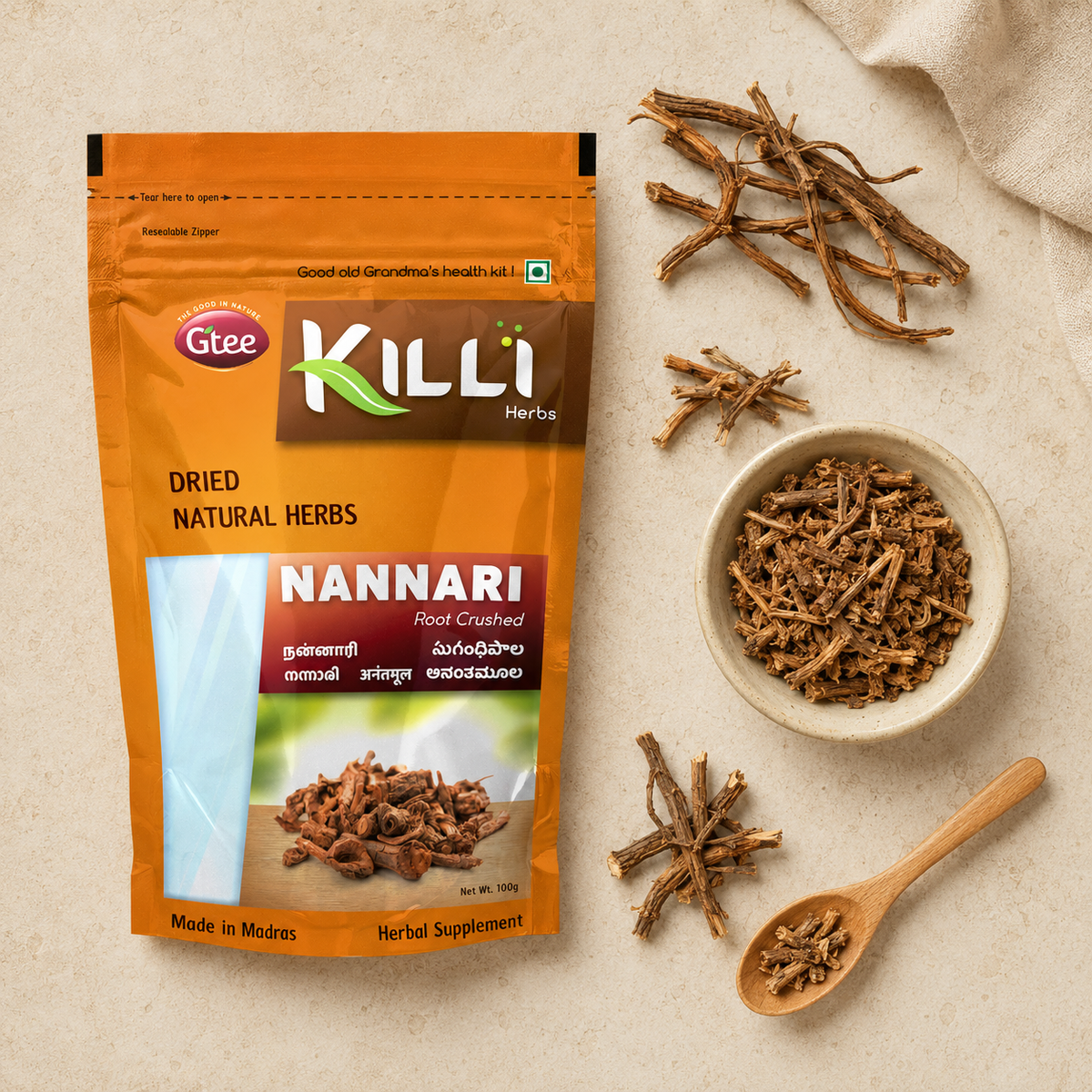 Sarsaparilla Root Crushed | Killi Nannari | A Summer Cooling Tradition, 100g
