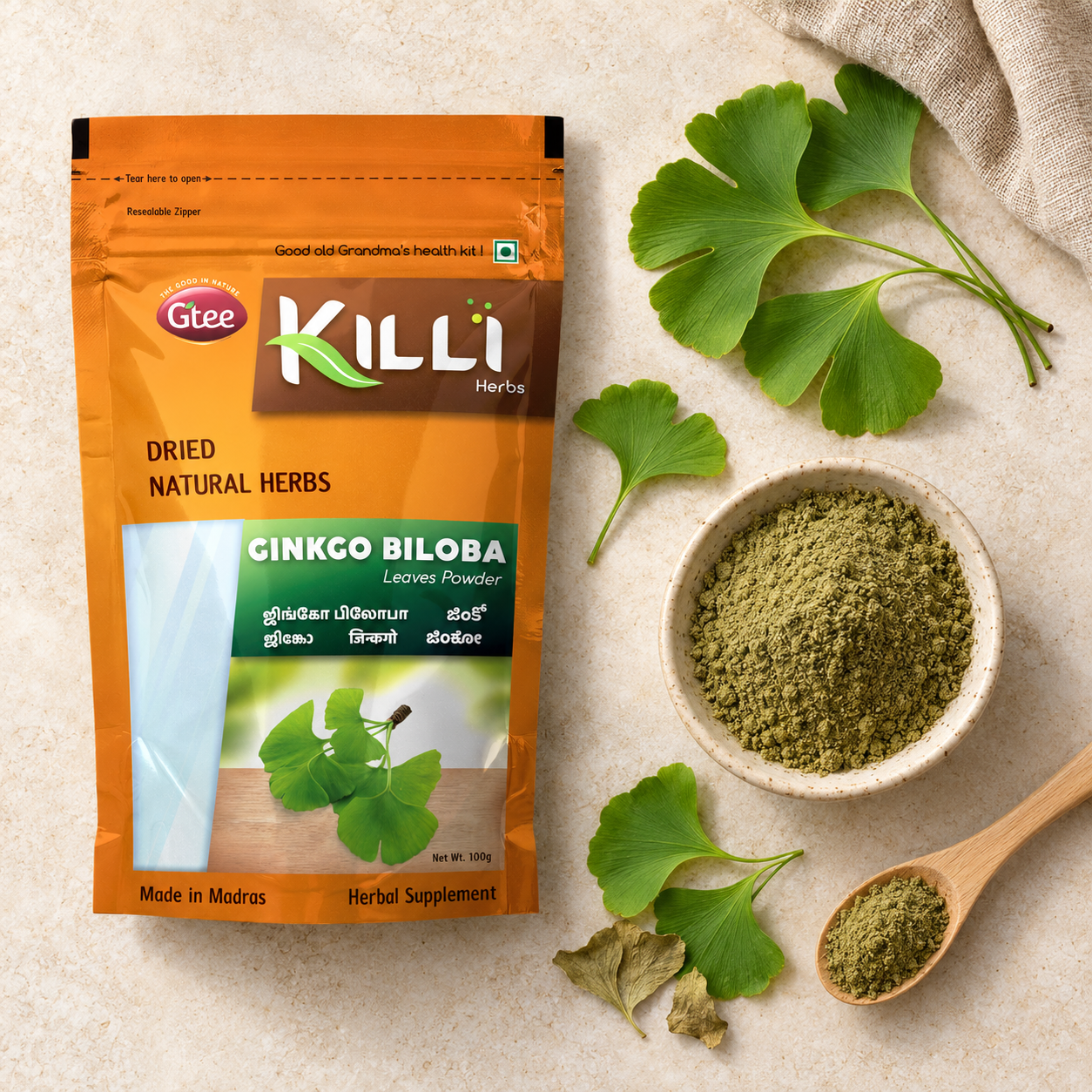 Killi Ginkgo Biloba Leaves Powder | A Traditional Aid for Memory and Focus, 100g
