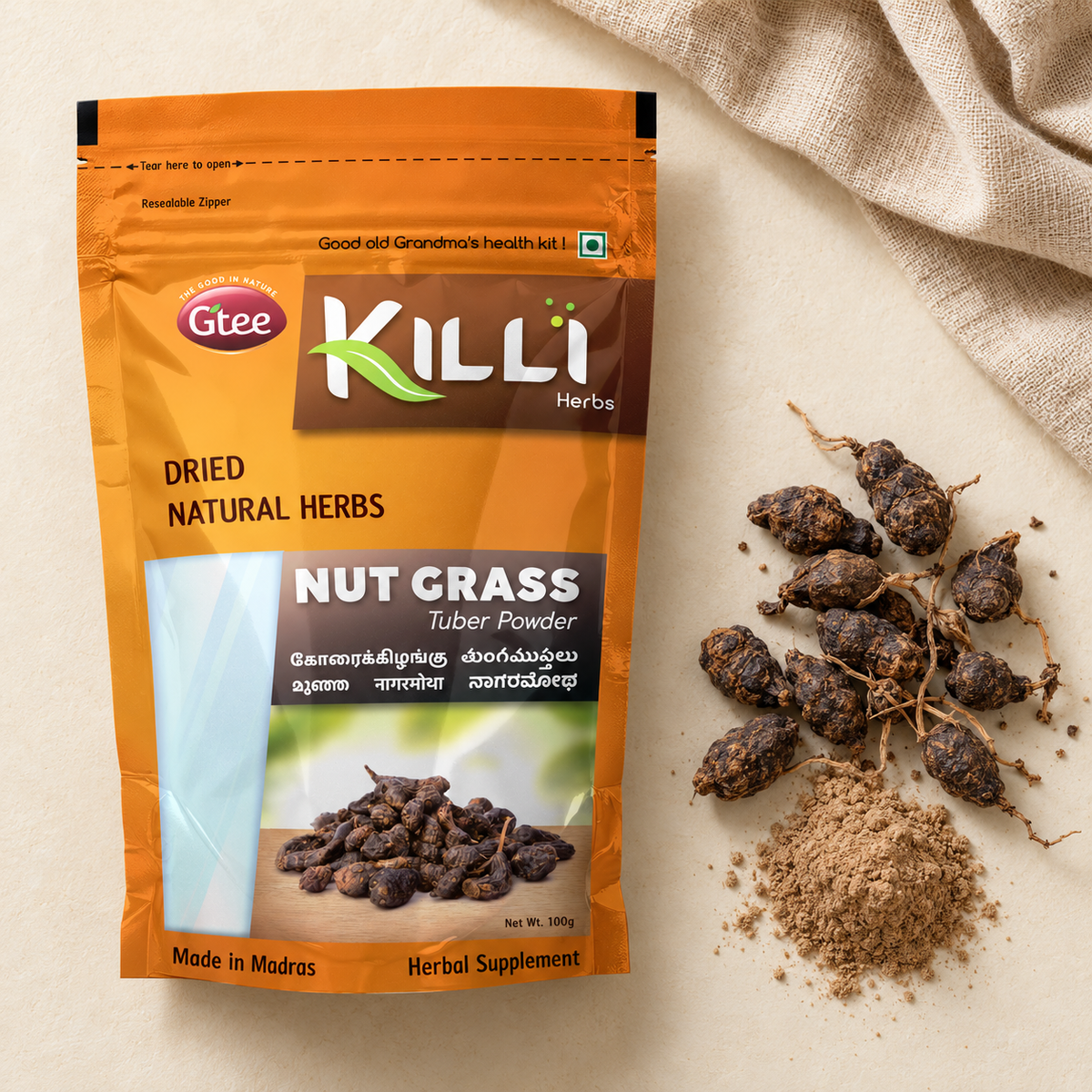 KILLI Nut Grass | Cyperus rotundus | Korai Kizhangu Tuber Powder, 100g | A Traditional Tuber Ritual, Two Ways