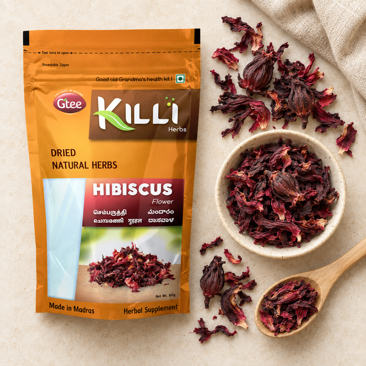 KILLI Hibiscus | Sembaruthi | Gudhal | Chembarathi | Mandara | Dasavala Flower, 60g | A Naturally Cooling Everyday Ritual