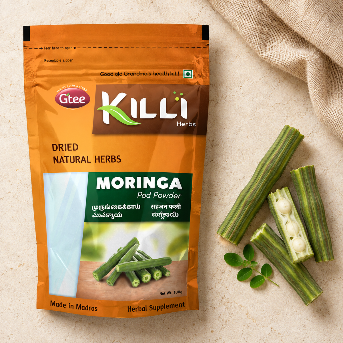 KILLI Moringa | Drumstick | Murungai | Sahajan | Munakkaya | Nuggekai Pod Powder, 100g | A Nutrient-Dense Kitchen Staple