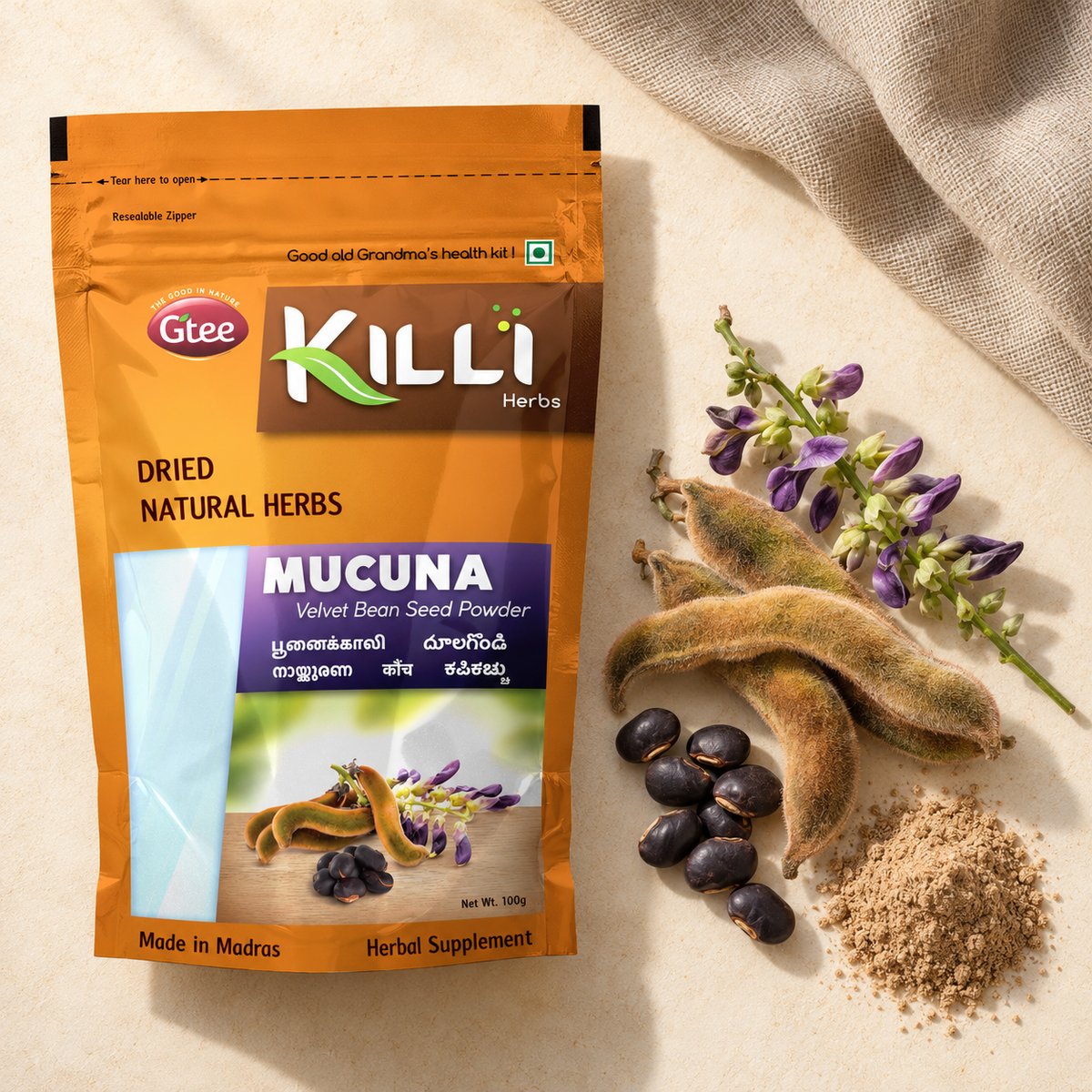 KILLI Mucuna Seed Powder | Mucuna pruriens | Black Kaunch | Poonaikali | Kapikachhu | Velvet Bean Powder, 100g | A Traditional Vitality Ritual, Rooted in Ayurveda