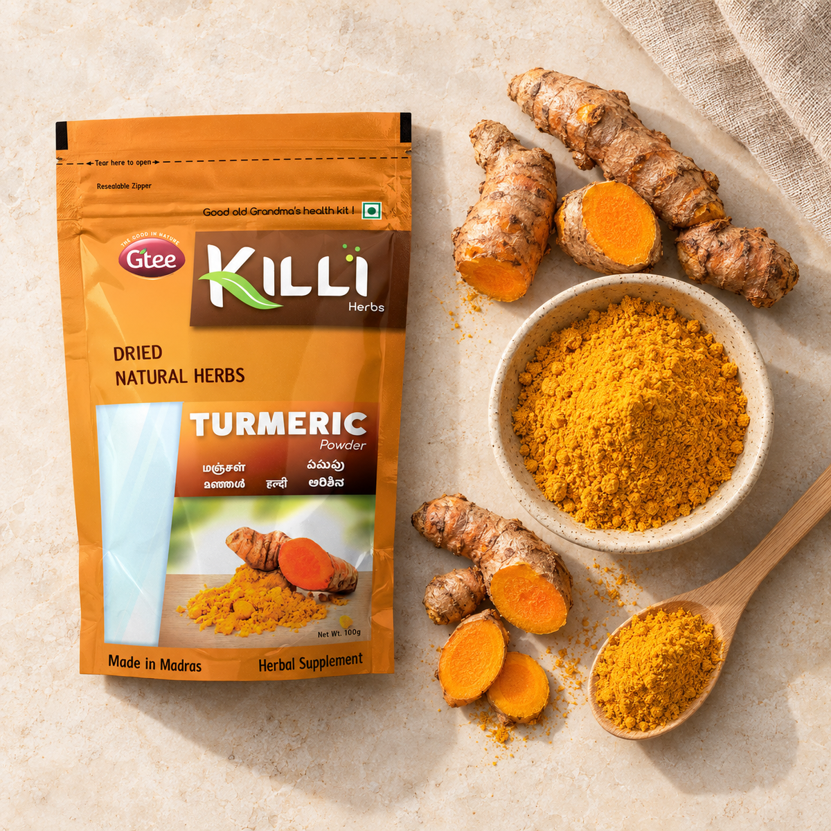 KILLI Turmeric | Manjal | Haldi | Pasupu | Curcuma longa | Arishina Powder, 100g | A Golden Everyday Ritual