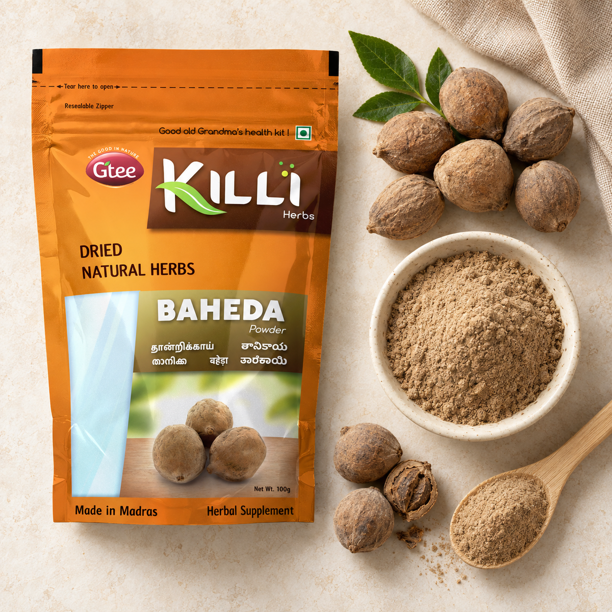 KILLI Baheda | Thandrikkai | Beleric | Thanikka | Tanikaya | Tarekayi Powder, 100g | A Traditional "Three Fruits" Ritual