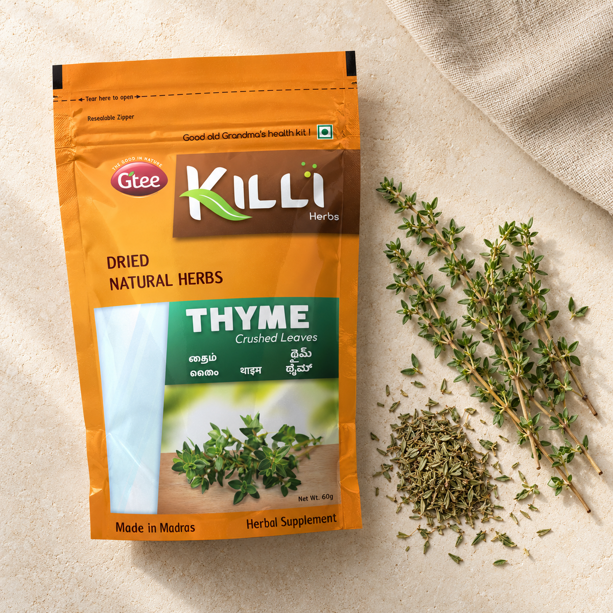 KILLI Thyme Leaves Crushed, 60g | A Fragrant Culinary & Brewing Herb