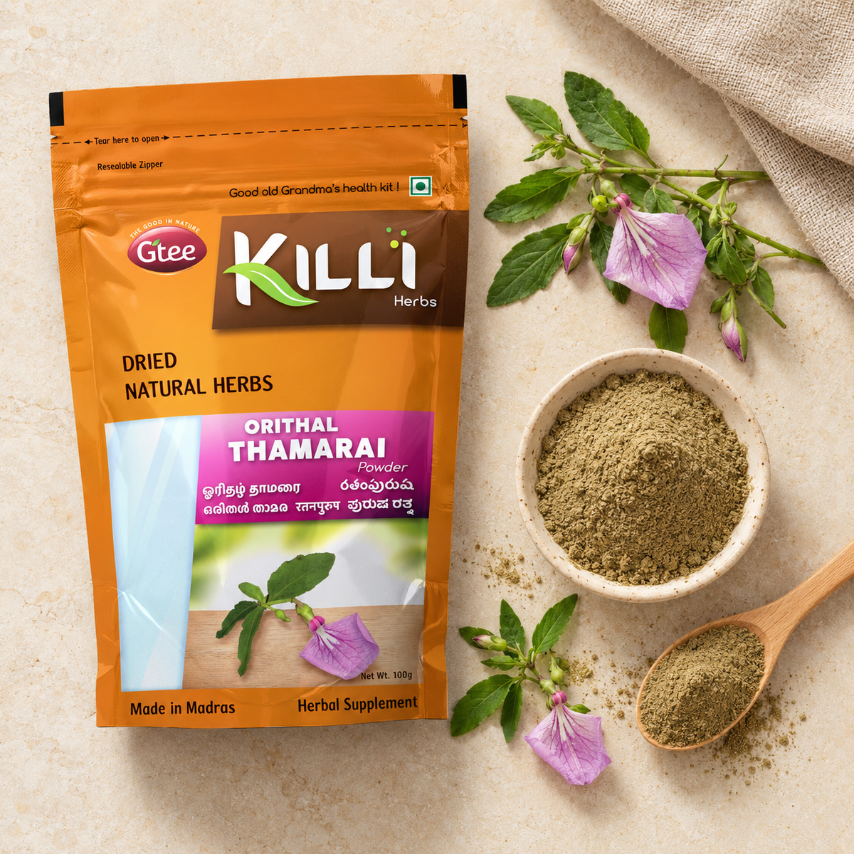 KILLI Orithal Thamarai | Ratnapurush | Orilai Thamarai | Spade Flower Powder, 100g | A Traditional Herbal Ritual