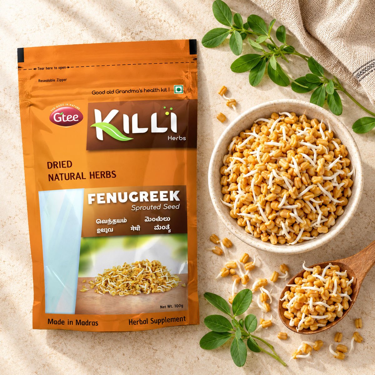 KILLI Sprouted Fenugreek | Methi | Vendhayam | Uluva | Menthulu | Menthya Seeds, 100g | A Traditional Sprouting Ritual