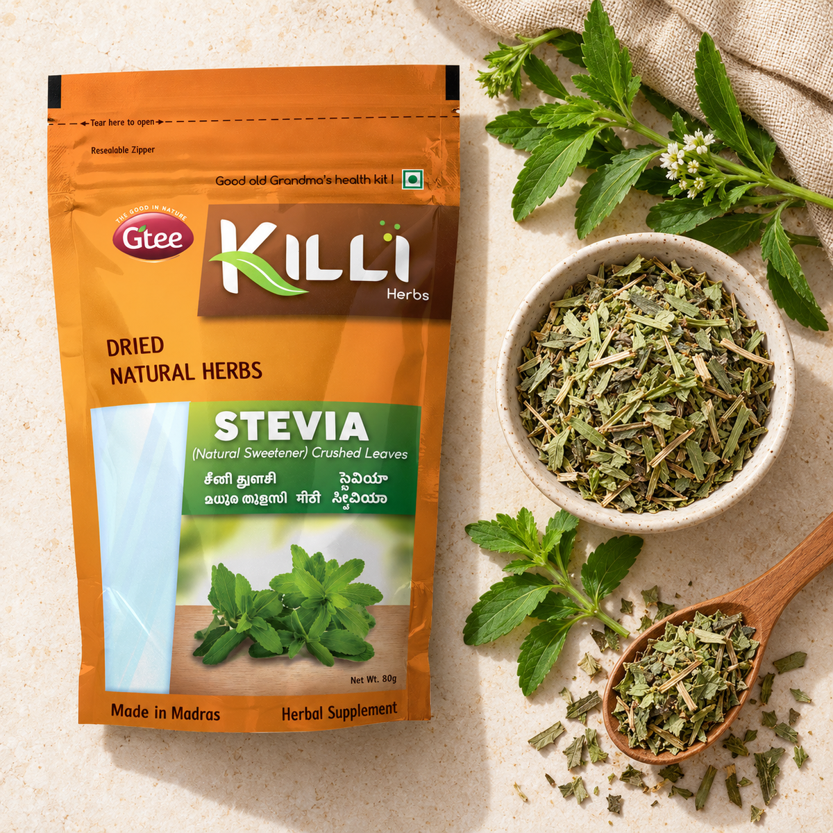 KILLI Stevia | Seeni Tulsi | Mithi | Madhura Tulasi Leaves Crushed, 80g | A Naturally Sweet Leaf, Zero Sugar