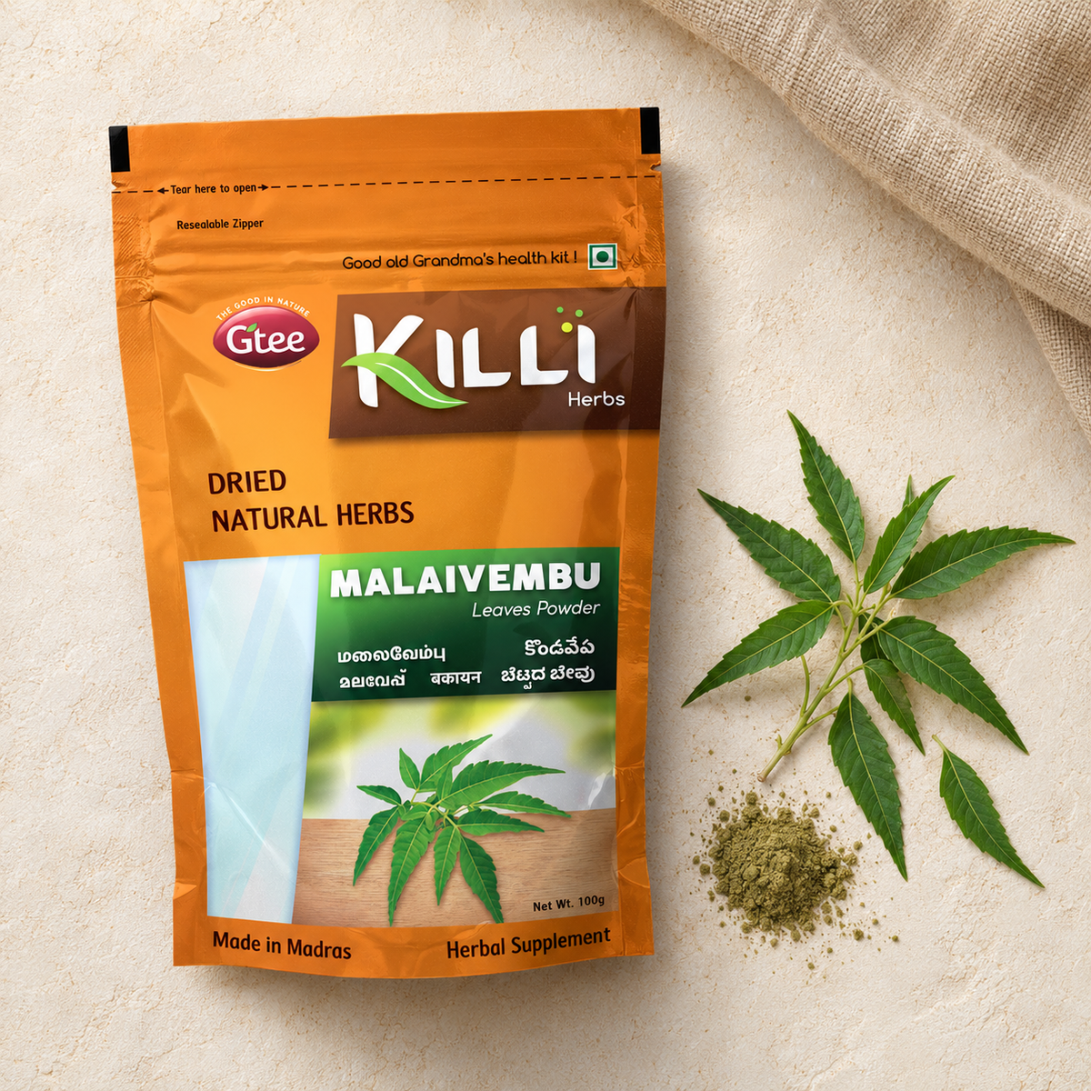 KILLI Malaivembu | Mahanim | Malabar Neem Leaves Powder, 100g | A Traditional Bitter-Herb Ritual