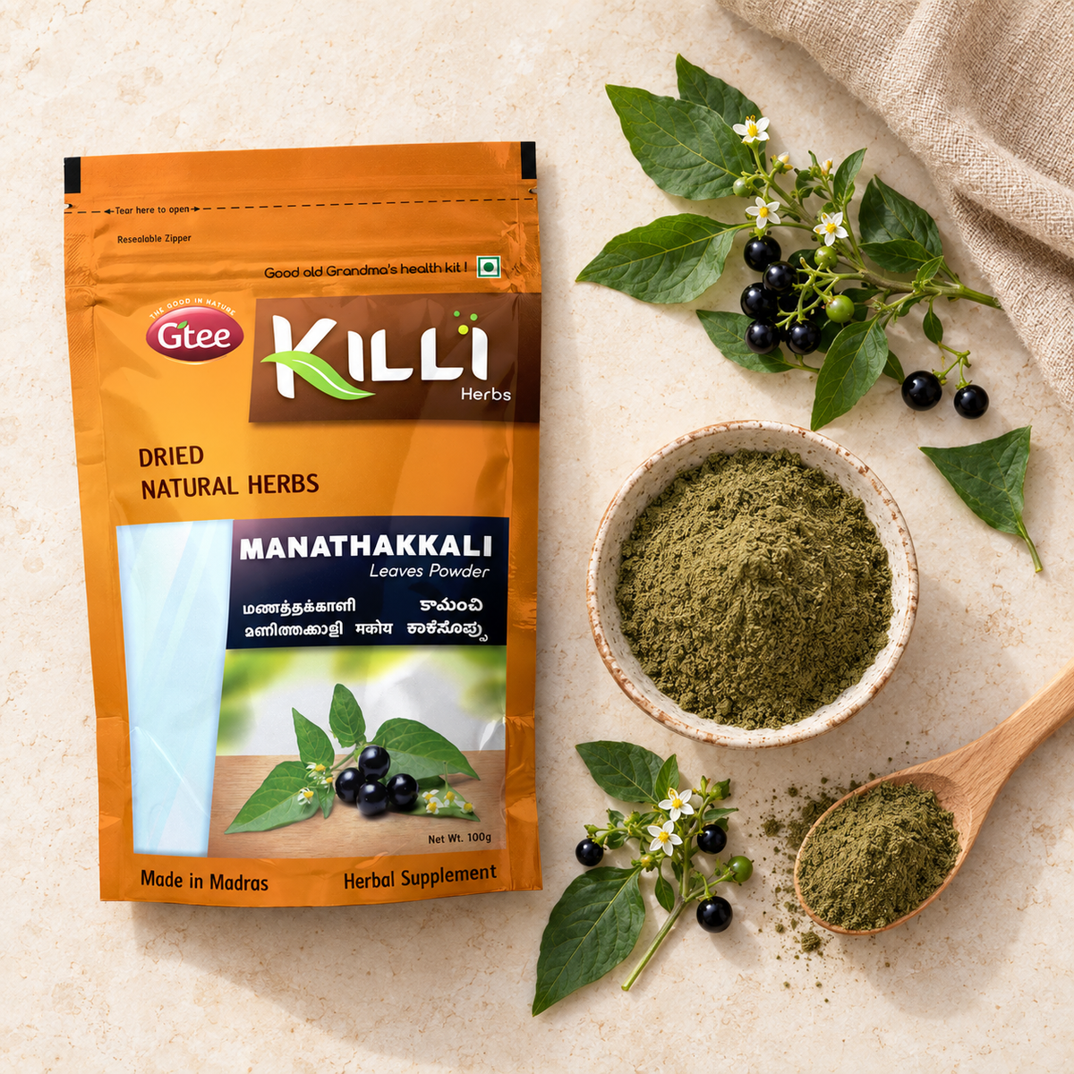 KILLI Manathakkali | Makoy | Black Nightshade | Manithakkali | Kamanchi Leaves Powder, 100g | A Traditional South Indian Kitchen Staple