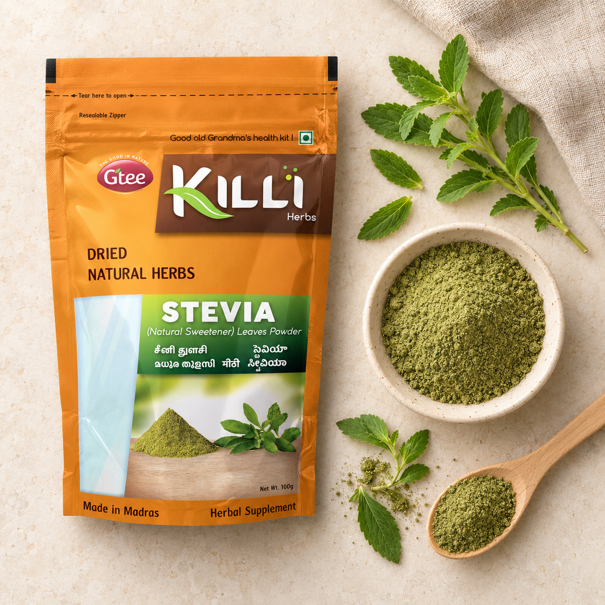 KILLI Stevia | Seeni Tulsi | Mithi | Madhura Tulasi Leaves Powder, 100g | A Naturally Sweet Leaf, Zero Sugar