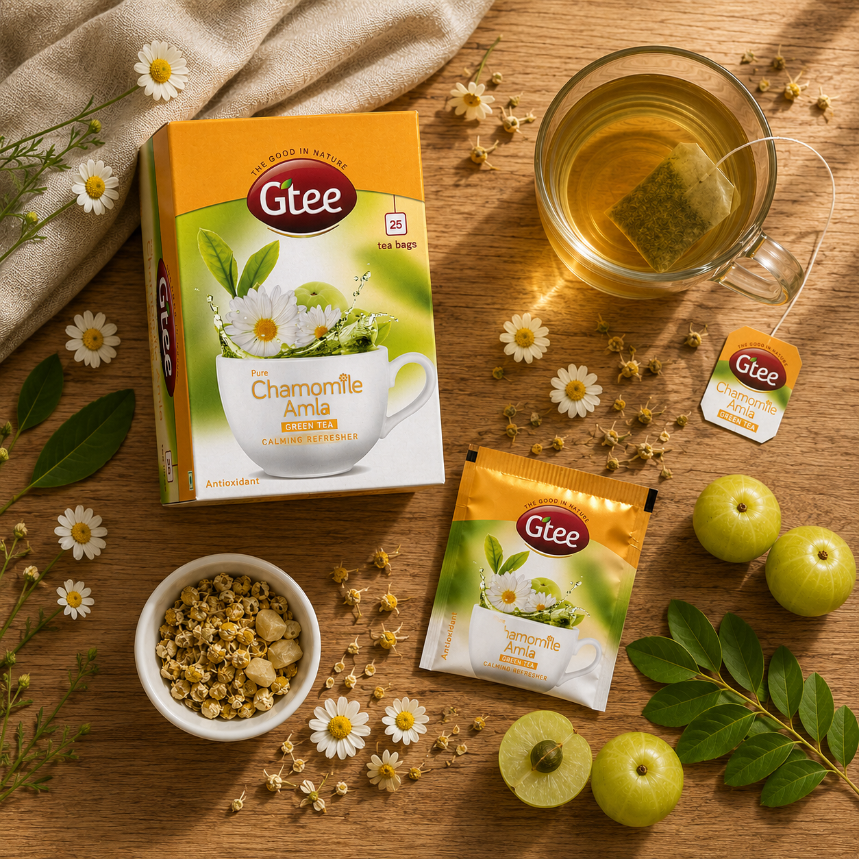 GTEE Chamomile Amla | Green Tea with Chamomile Flower & Amla | A Calming Refresher for Restful Nights