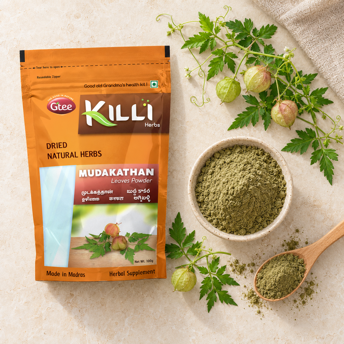 KILLI Mudakathan | Balloon Vine | Kanphata | Uzhinja | Buddakakara | Agniballi Leaves Powder, 100g | A Traditional South Indian Kitchen & Wellness Staple