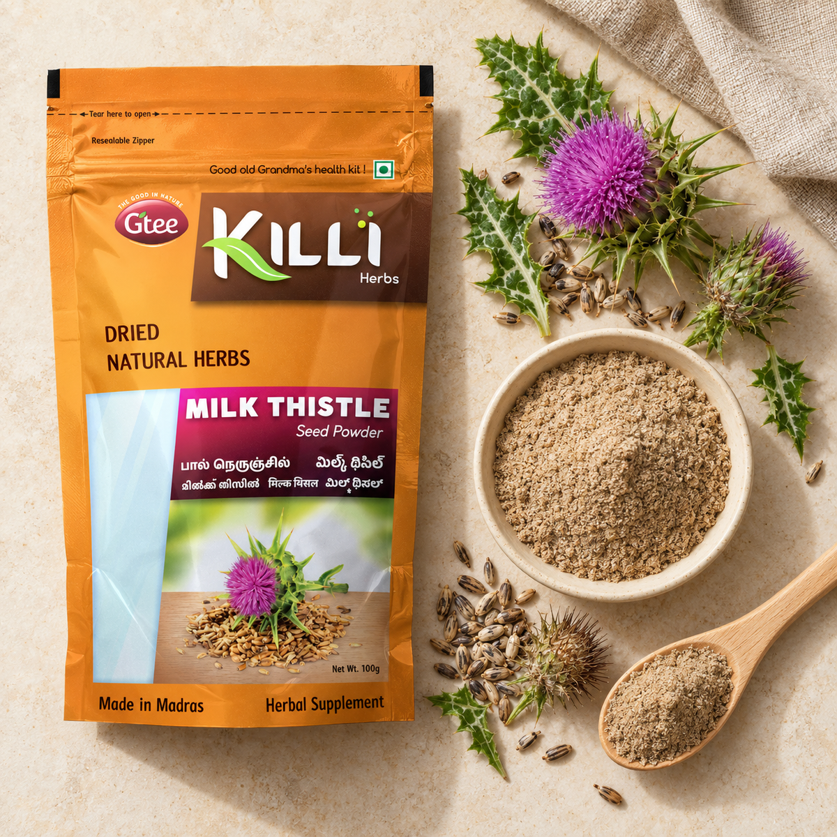 KILLI Milk Thistle | Paal Nerunjil | Silybum marianum Seed Powder, 100g | A Traditional Herbal Seed Ritual