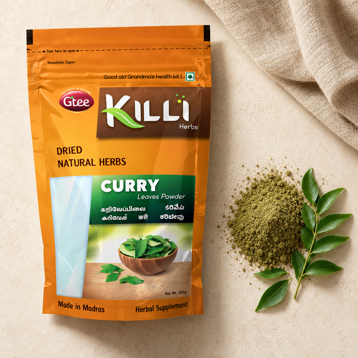 KILLI Curry | Kariveppilai | Kariveppu | Karivepa | Karibevu Leaves Powder, 100g | A Kitchen Staple, Ground Fine