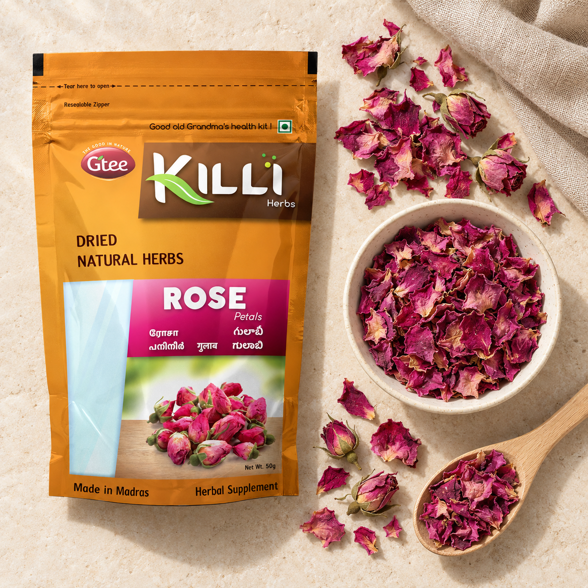 KILLI Rose | Gulab | Panineer | Gulabi Petals, 50g | A Fragrant, Relaxing Everyday Infusion