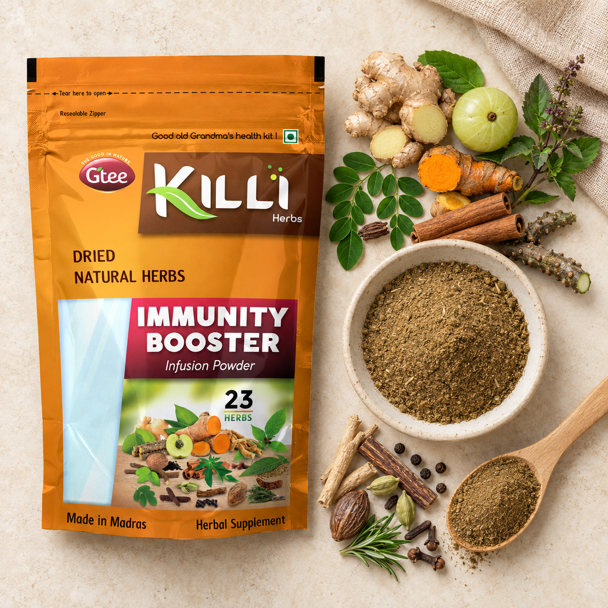 KILLI Immunity Booster Infusion Powder, 100g | A 23-Herb Traditional Wellness Blend