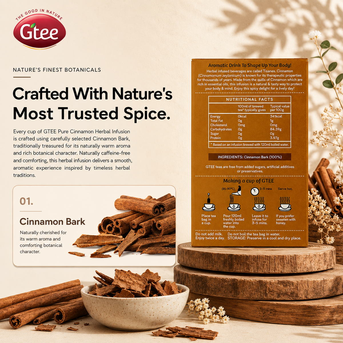 GTEE Cinnamon | Pure Cinnamon Bark | Herbal Infusion for a Warm, Aromatic Cup