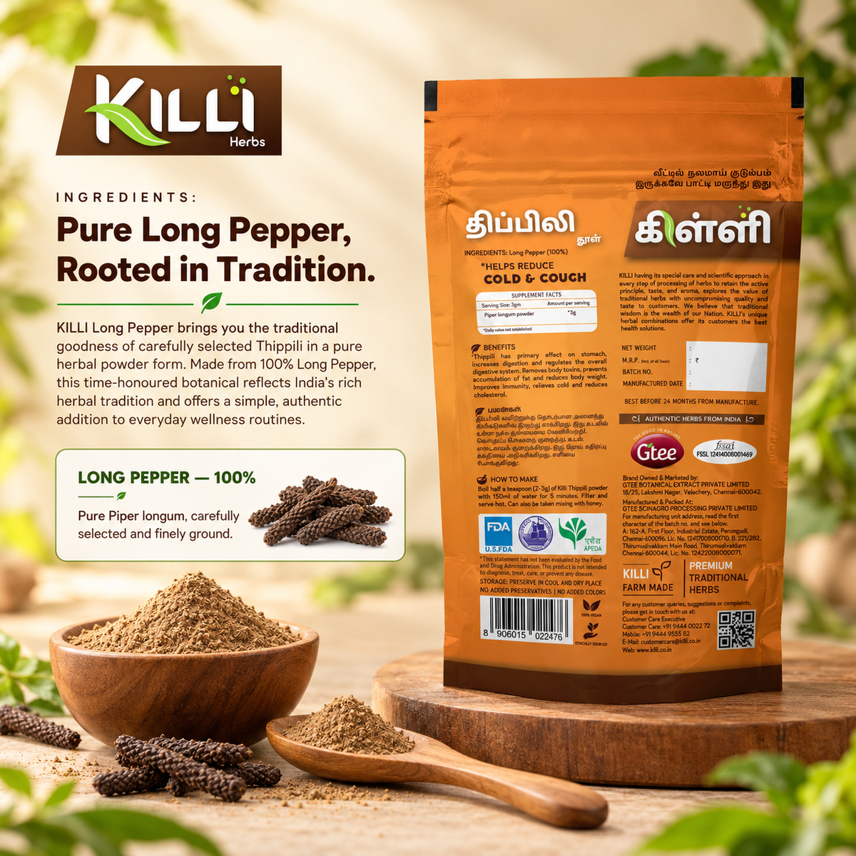 KILLI Long Pepper | Thippili | Piper longum | Pippali Powder, 100g | A Traditional Spice Ritual, Rooted in Ayurveda