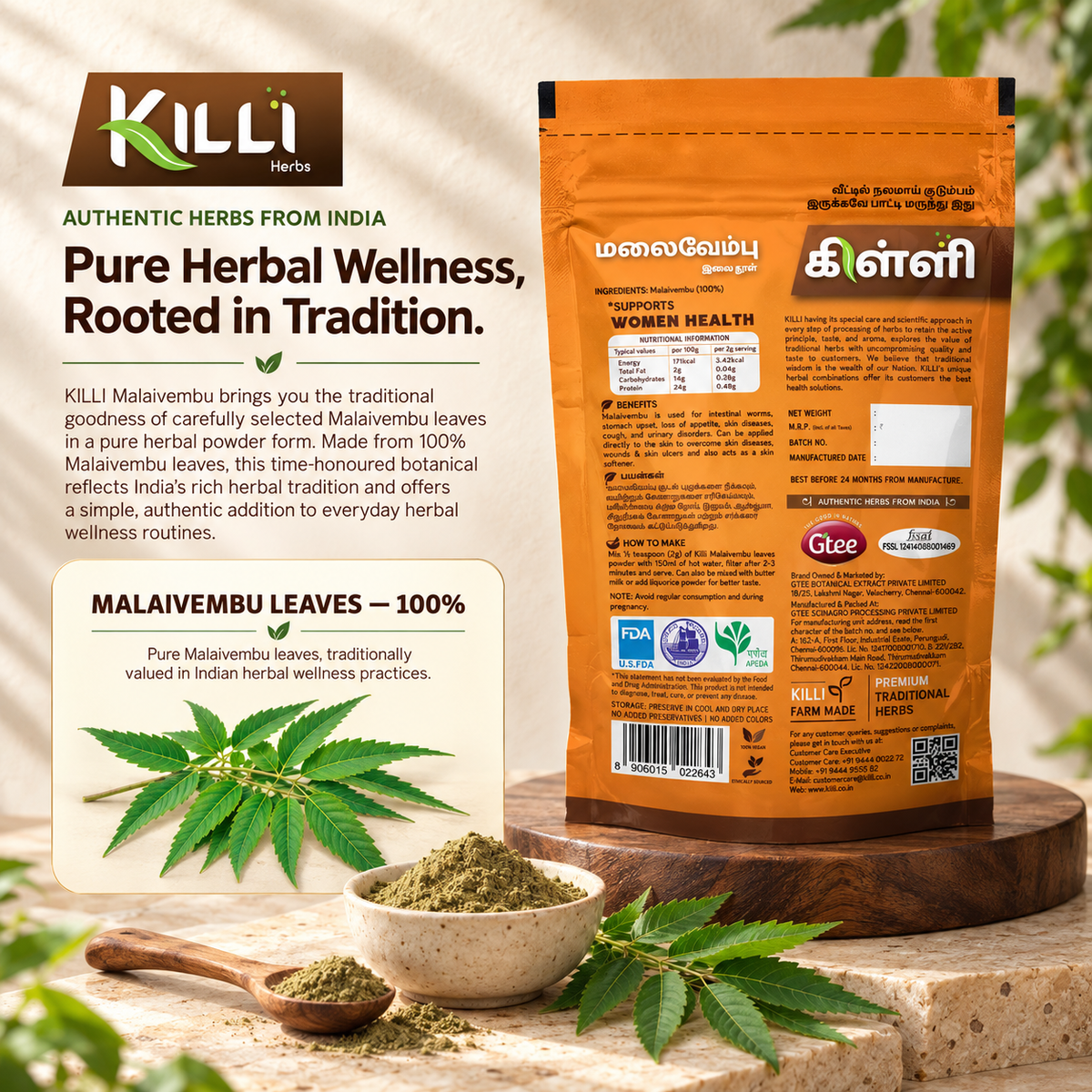 KILLI Malaivembu | Mahanim | Malabar Neem Leaves Powder, 100g | A Traditional Bitter-Herb Ritual