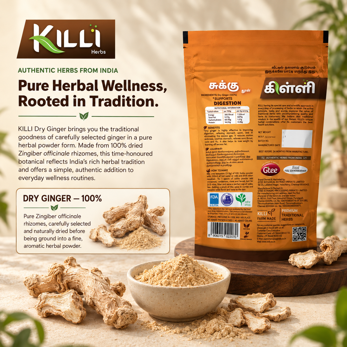 KILLI Dry Ginger | Sukku | Sonth | Chukku | Sonti | Onashunti Powder, 100g | A Warming Kitchen & Wellness Staple