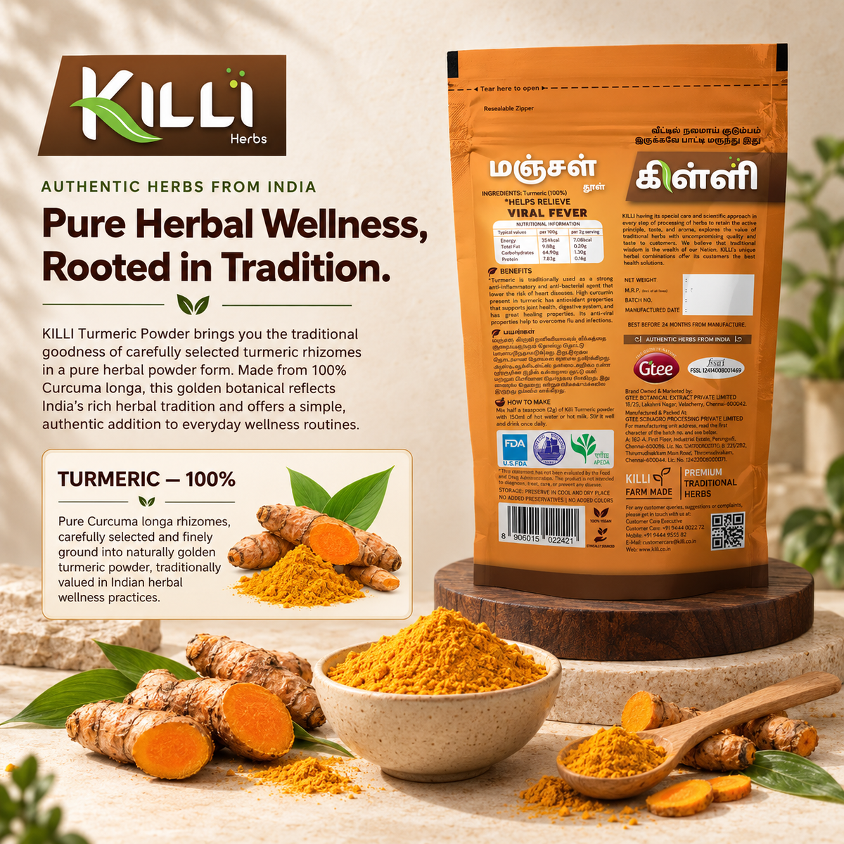 KILLI Turmeric | Manjal | Haldi | Pasupu | Curcuma longa | Arishina Powder, 100g | A Golden Everyday Ritual