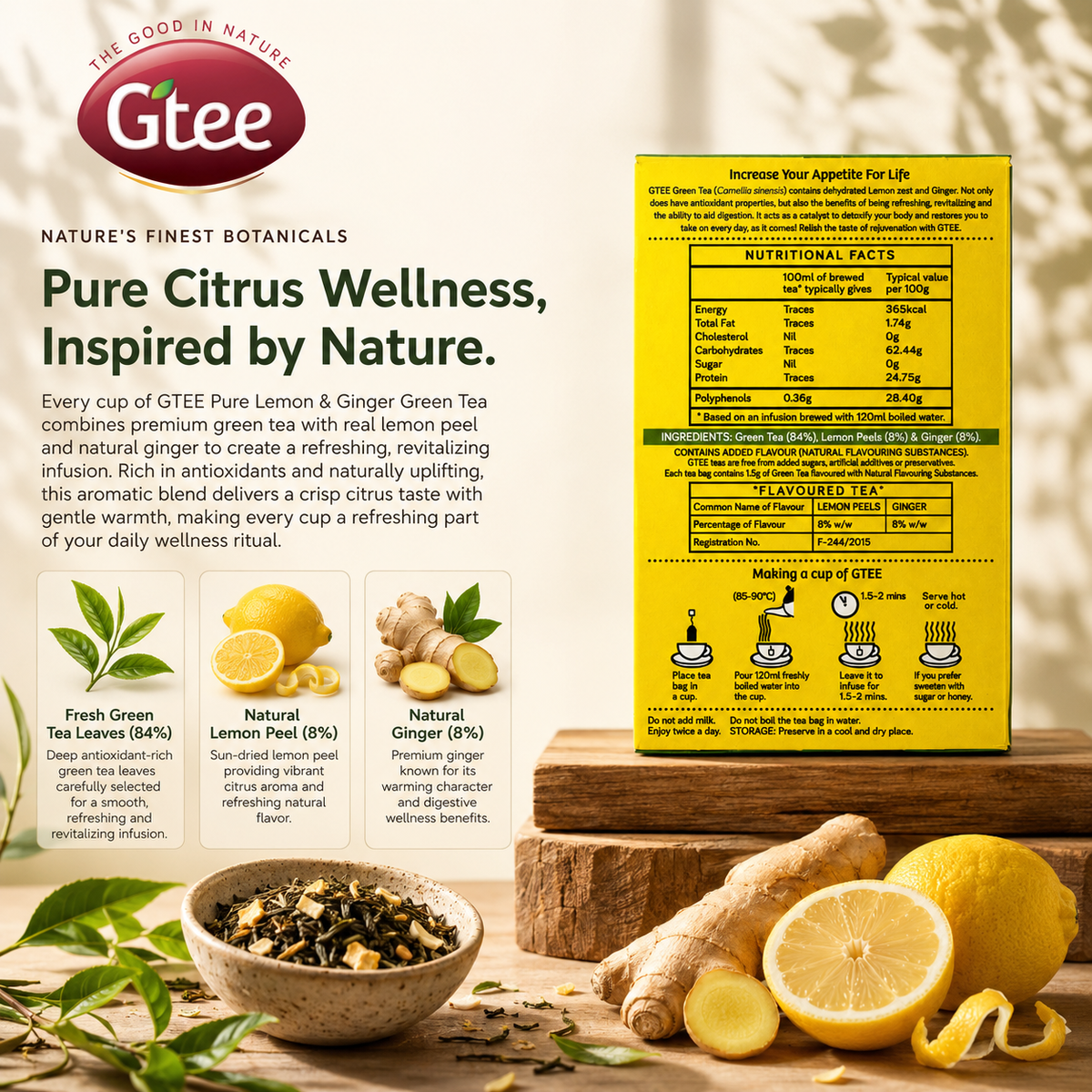 GTEE Lemon Ginger | Green Tea with Lemon Zest & Ginger | A Zesty Start to Every Morning