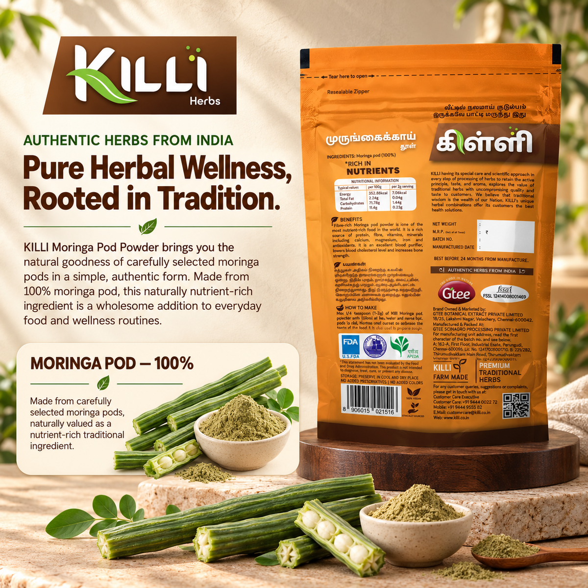 KILLI Moringa | Drumstick | Murungai | Sahajan | Munakkaya | Nuggekai Pod Powder, 100g | A Nutrient-Dense Kitchen Staple