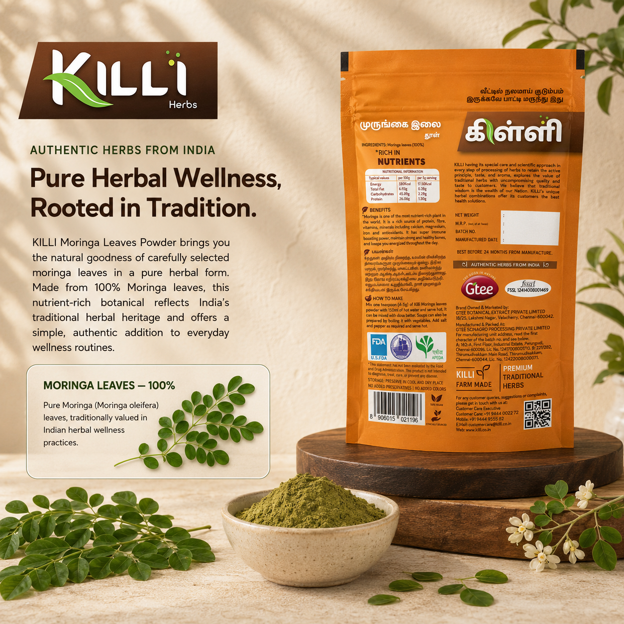 Killi Moringa | Drumstick | Murungai | Sahajan | Munagaku | Nugge Leaves Powder Nature's Nutrient Powerhouse