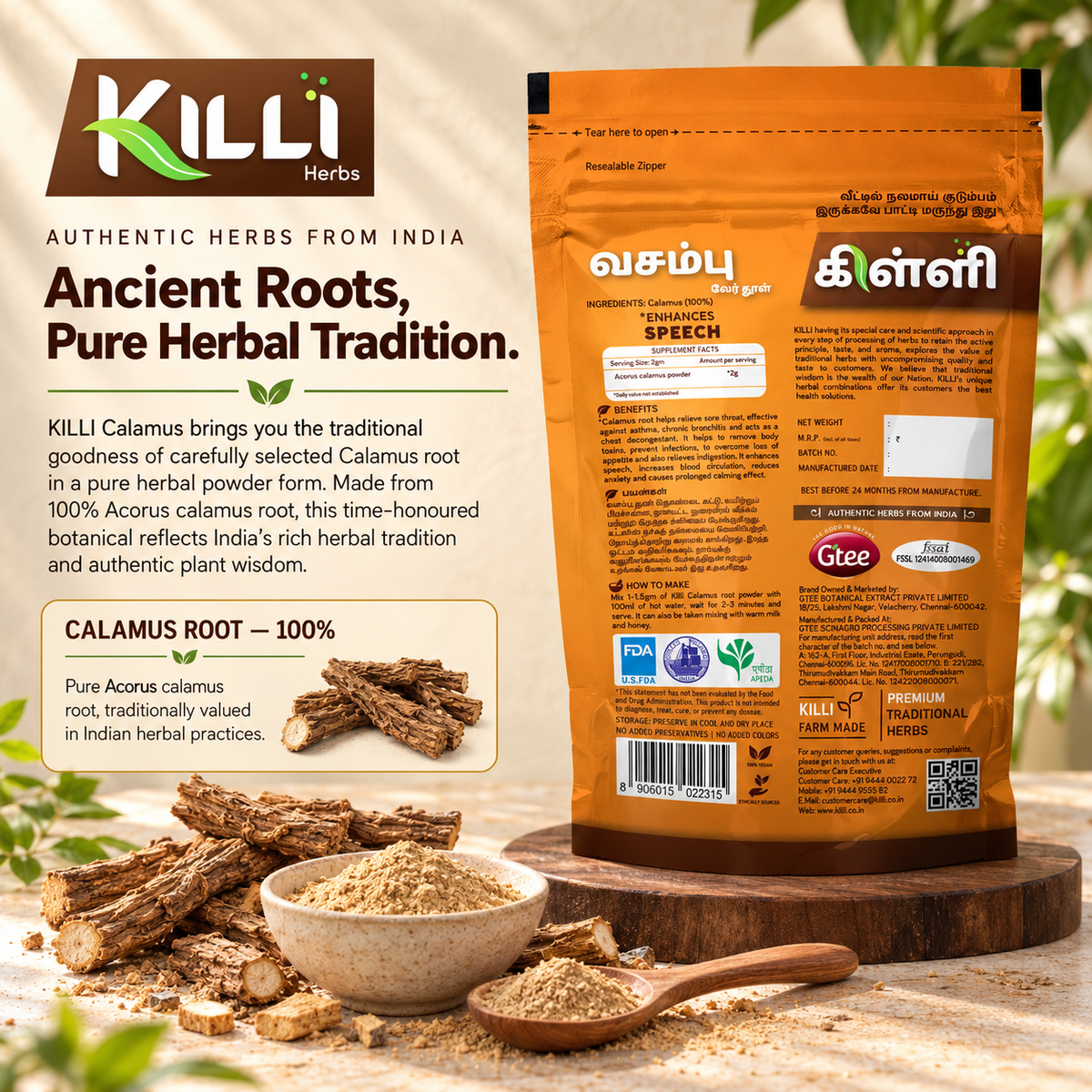 KILLI Calamus | Vasambu | Vach | Vayambu | Vasa | Baje Root Powder, 100g | A Traditional Root Ritual, Rooted in Ayurveda