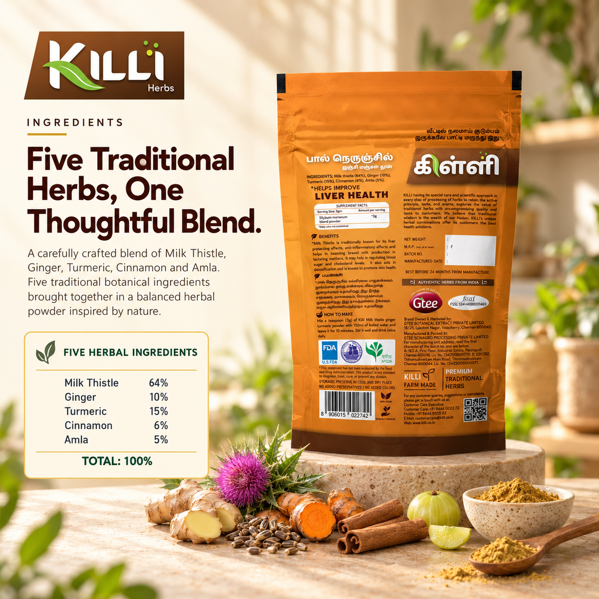 KILLI Milk Thistle Ginger Turmeric Cinnamon Amla Powder, 100g | A Five-Herb Traditional Wellness Blend