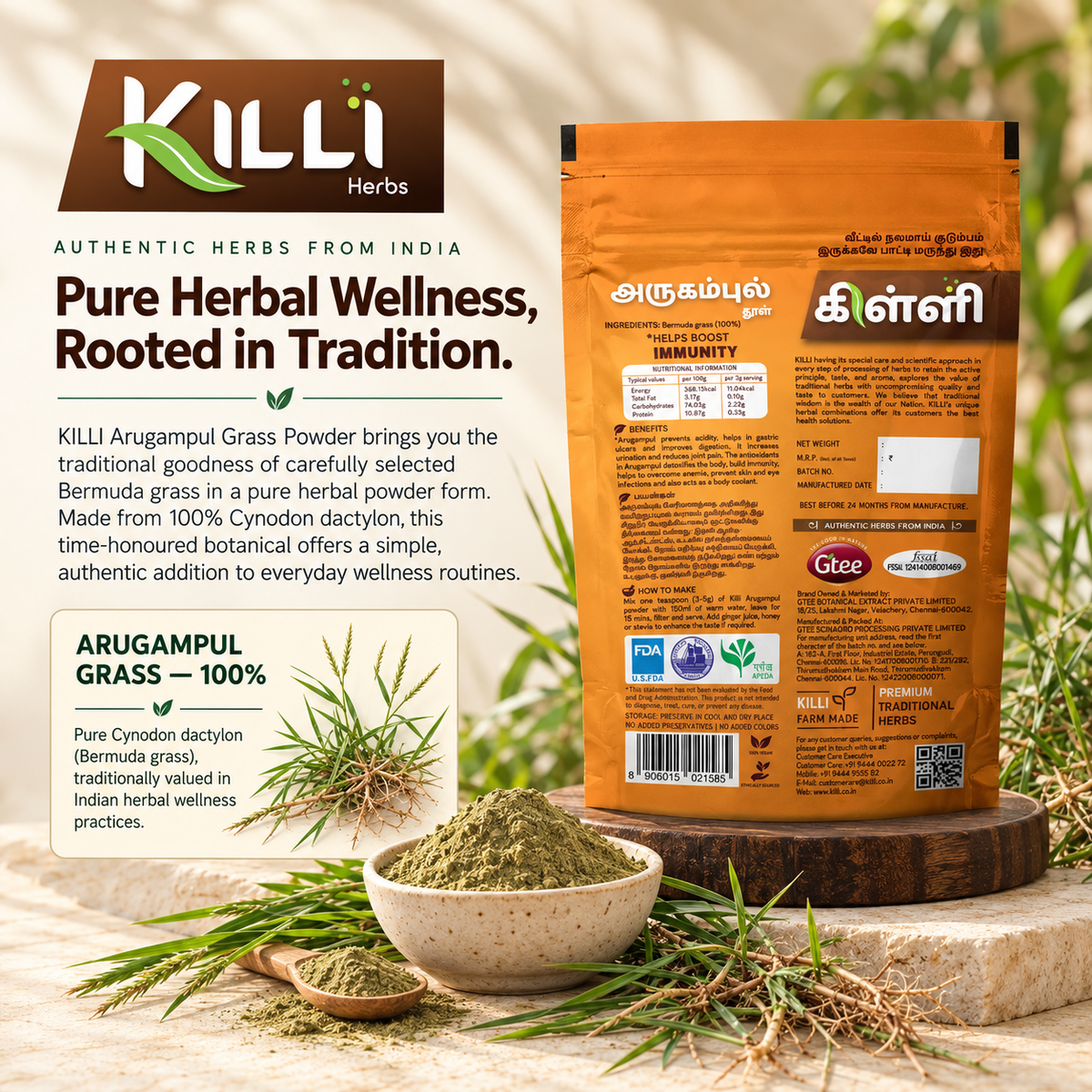 KILLI Bermuda | Arugampul | Doob | Karuka | Garika | Garike Grass Powder, 100g | A Traditional Household Ritual