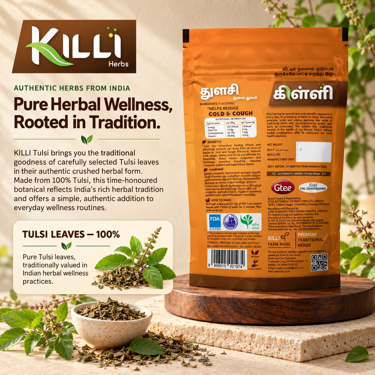 KILLI Tulsi | Holy Basil Leaves Crushed, 100g | A Household Ritual, Reached for Through Generations