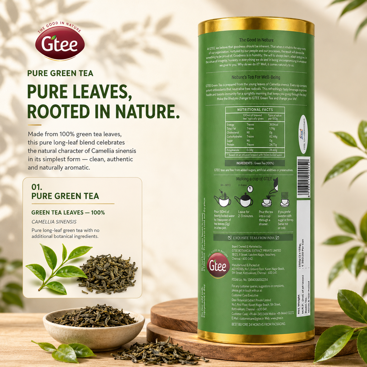 GTEE Green Tea Leaves Can, 100g | Pure Loose Leaf Green Tea | A Holistic Restorer for Every Day