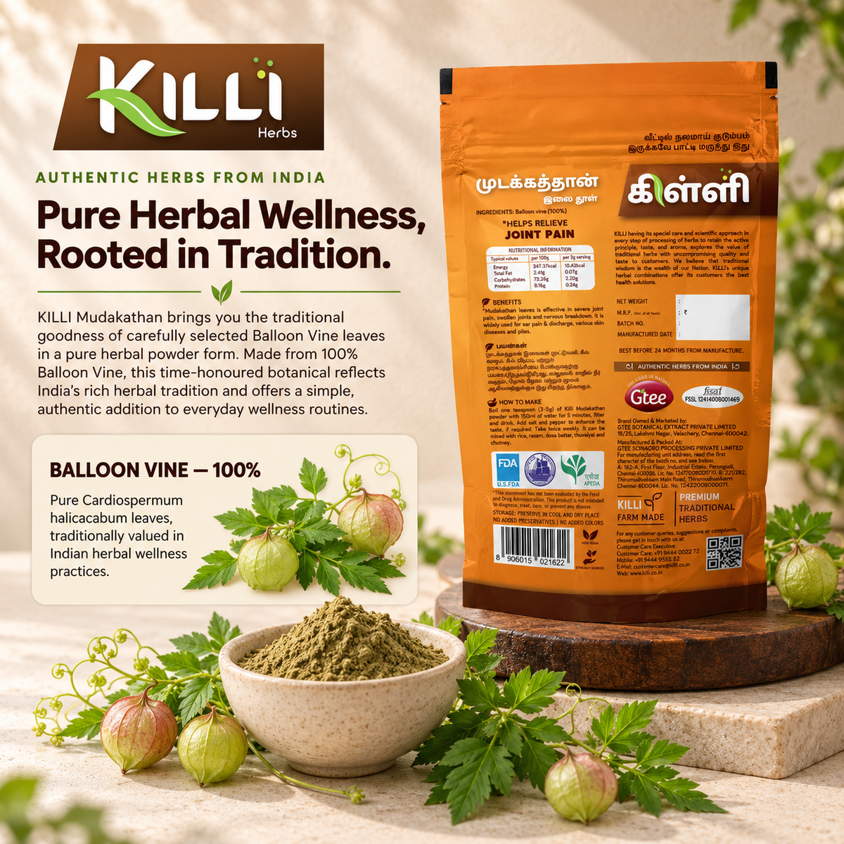 KILLI Mudakathan | Balloon Vine | Kanphata | Uzhinja | Buddakakara | Agniballi Leaves Powder, 100g | A Traditional South Indian Kitchen & Wellness Staple