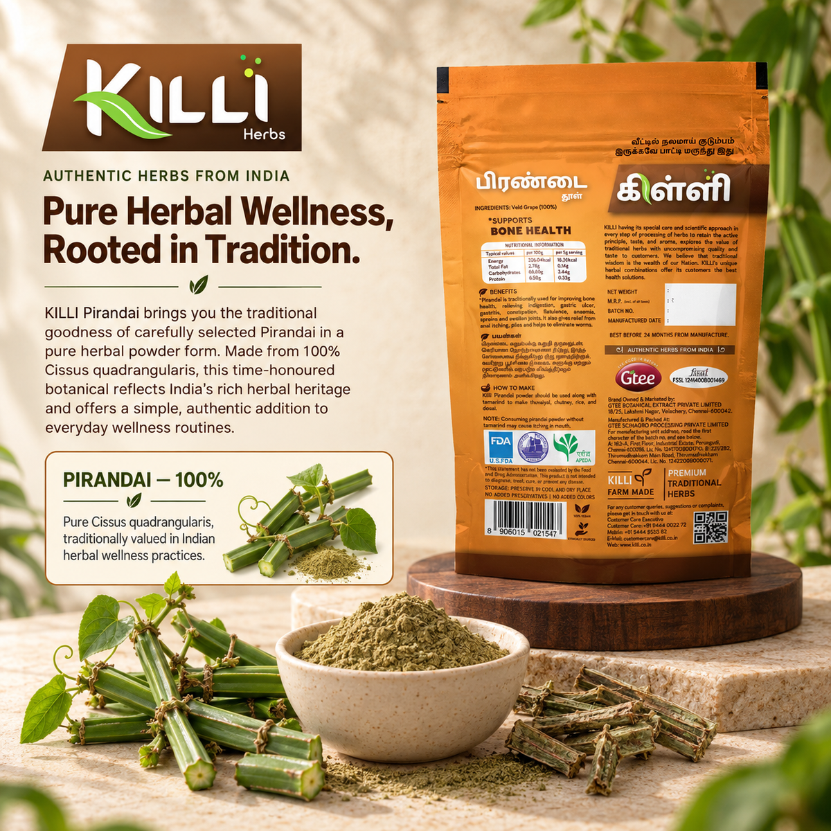 KILLI Hadjod | Pirandai | Veld Grape | Changalamparanda | Nalleru | Mangarahalli Powder, 100g | A Traditional Kitchen Ingredient